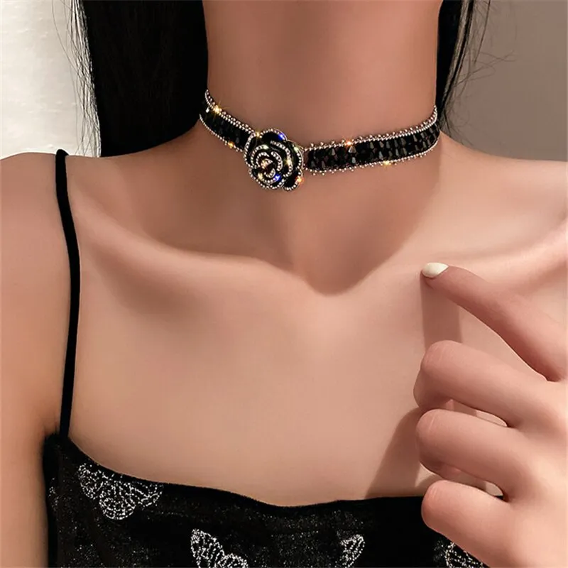 Handmade Black Crystal Choker Necklaces for Women Elegant Camellia Necklaces