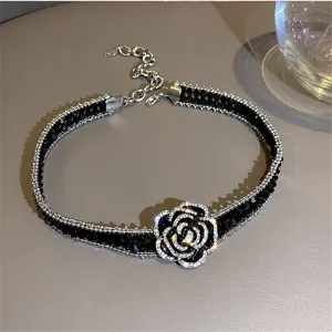 Handmade Black Crystal Choker Necklaces for Women Elegant Camellia Necklaces