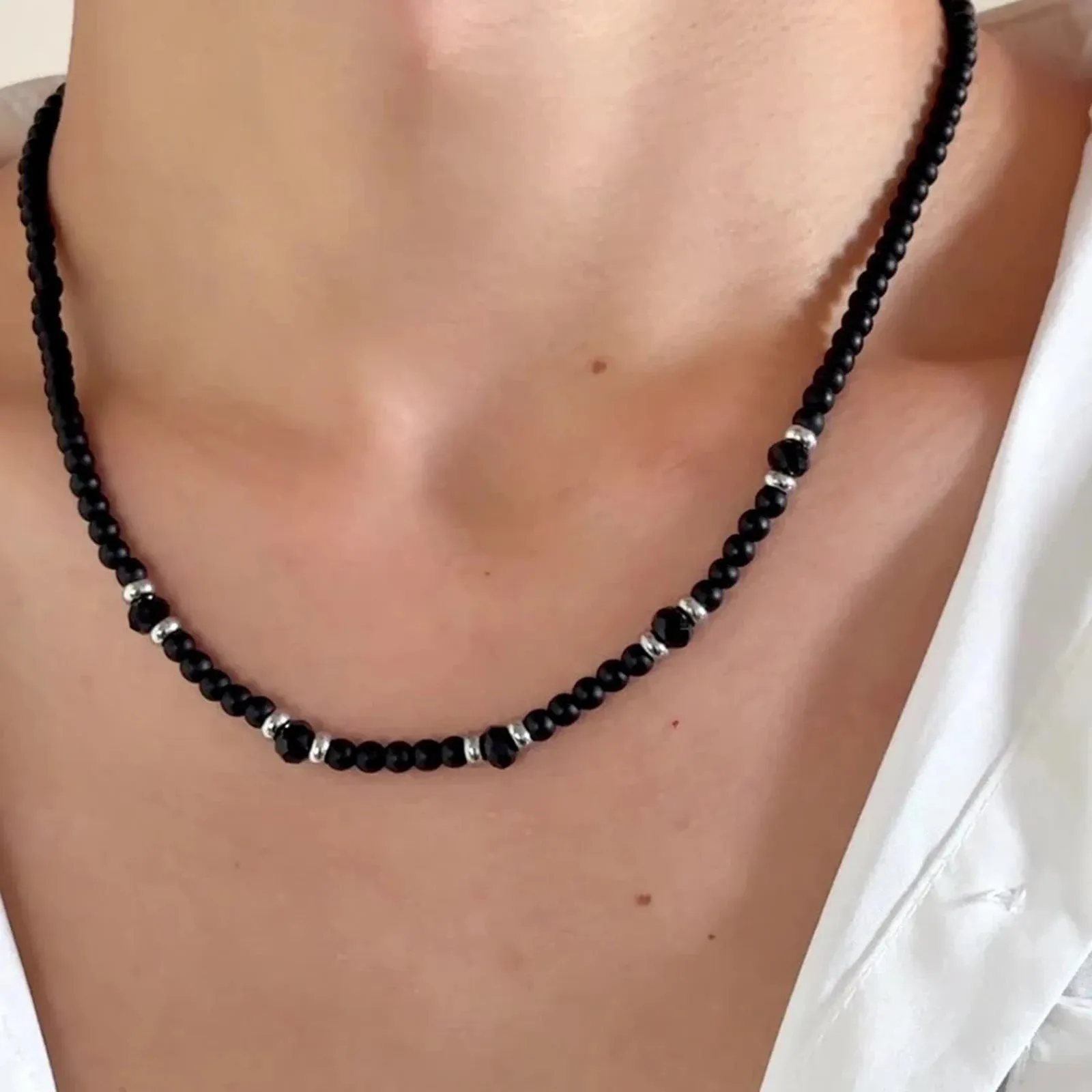 Hiphop Black Beaded Necklaces for Men Boys,Black Frosted Stone Splicing with Steel Beads Chokers