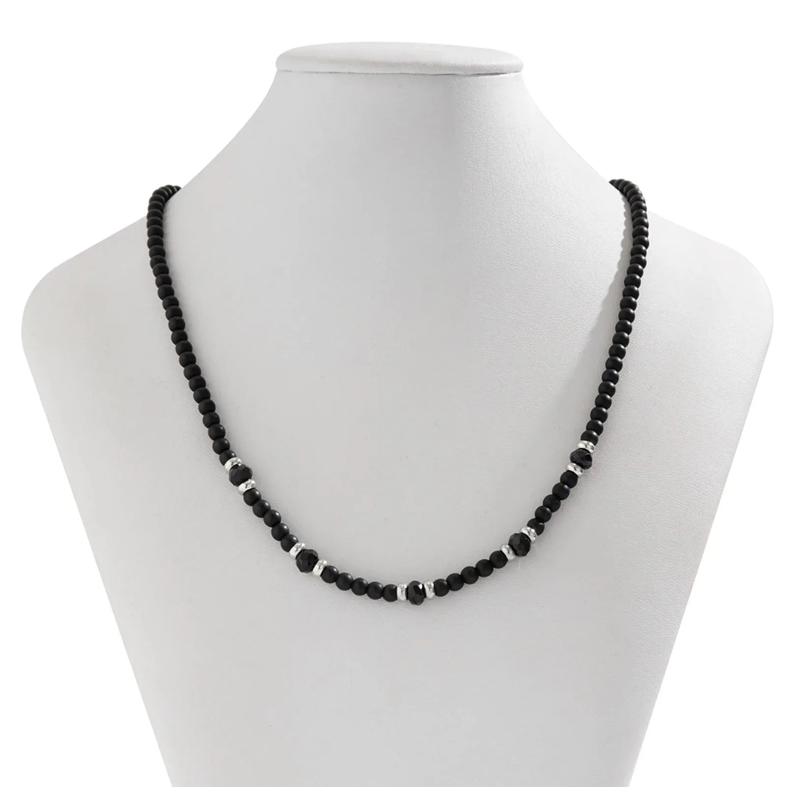 Hiphop Black Beaded Necklaces for Men Boys,Black Frosted Stone Splicing with Steel Beads Chokers