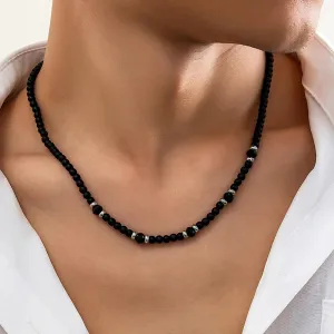 Hiphop Black Beaded Necklaces for Men Boys,Black Frosted Stone Splicing with Steel Beads Chokers