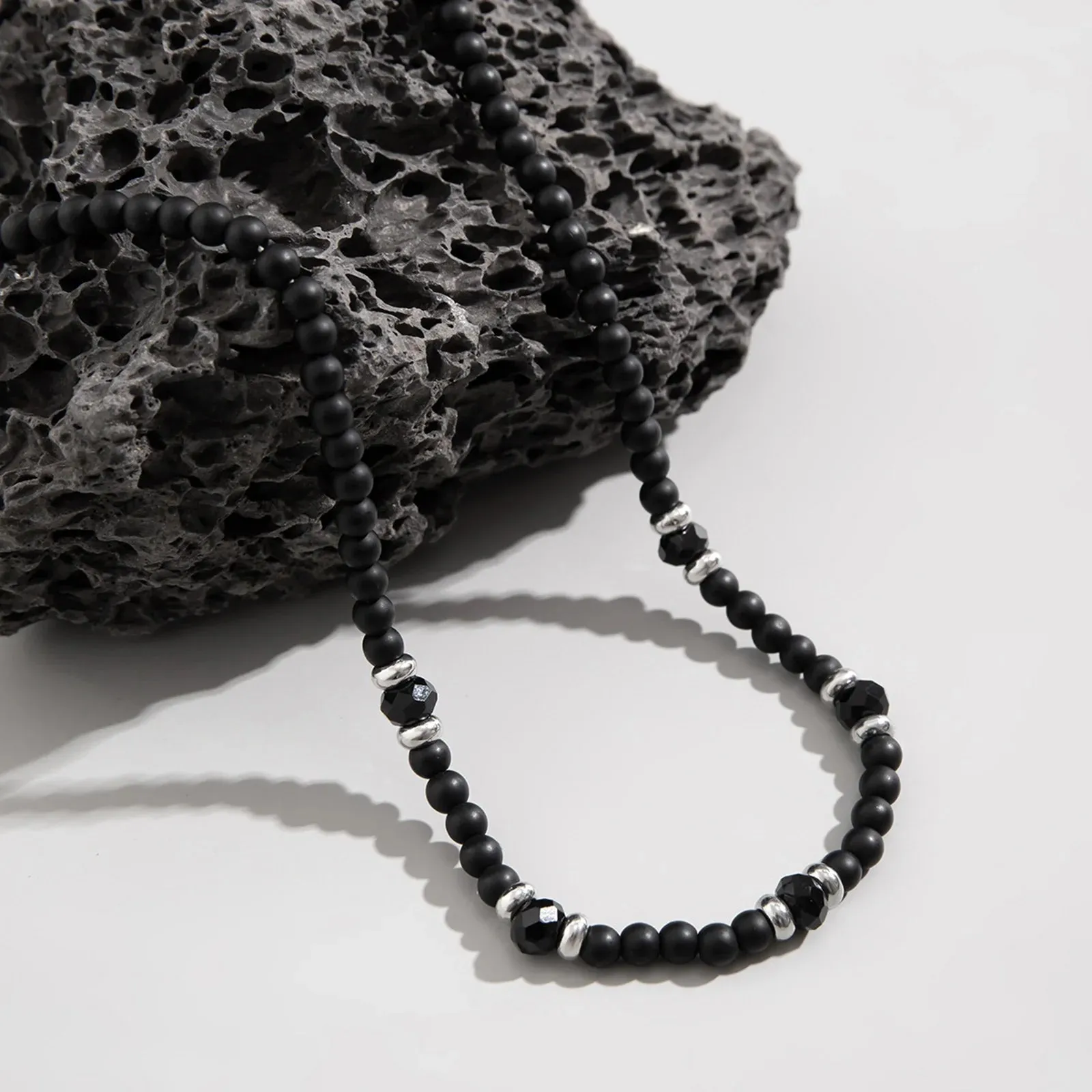 Hiphop Black Beaded Necklaces for Men Boys,Black Frosted Stone Splicing with Steel Beads Chokers