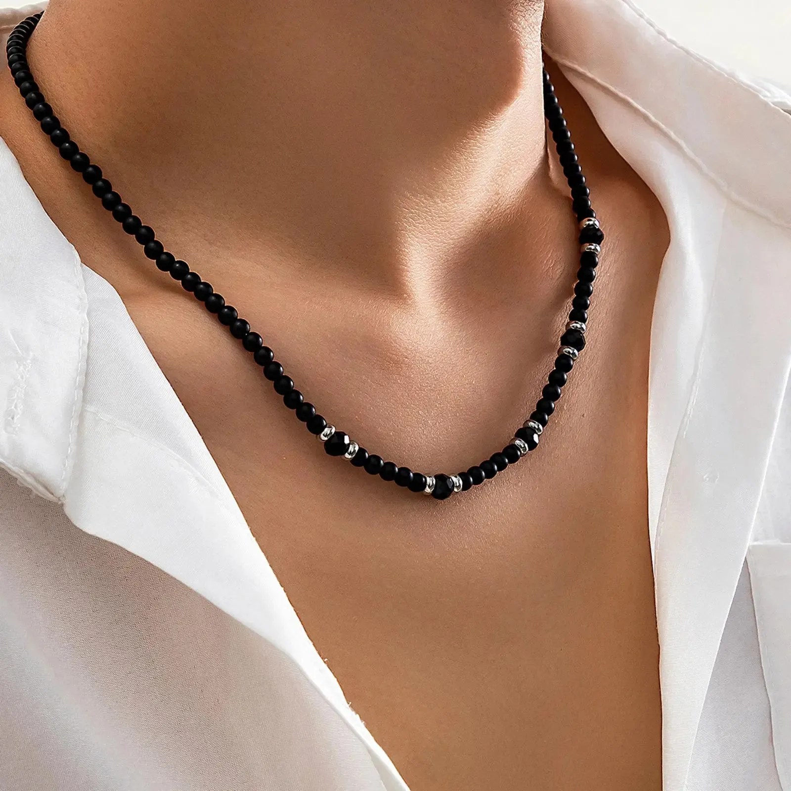 Hiphop Black Beaded Necklaces for Men Boys,Black Frosted Stone Splicing with Steel Beads Chokers