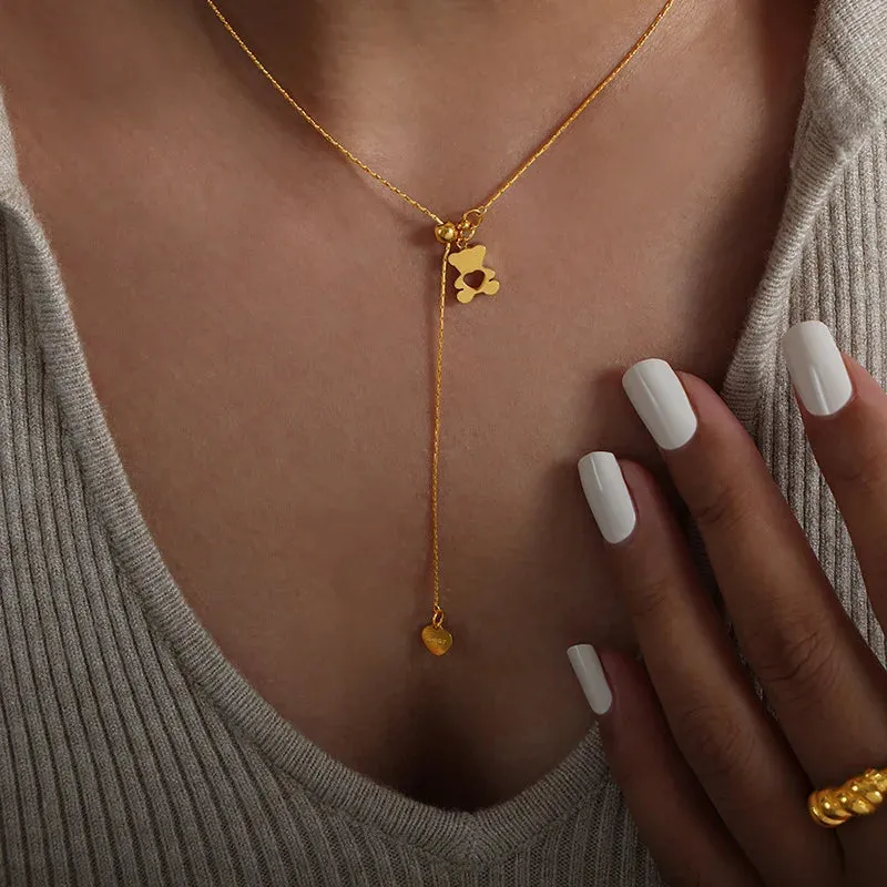 Hollow Bear Pendant Adjustable Necklace For Women 316L Stainless Steel Gold Plated Waterproof Girls Neck Chain