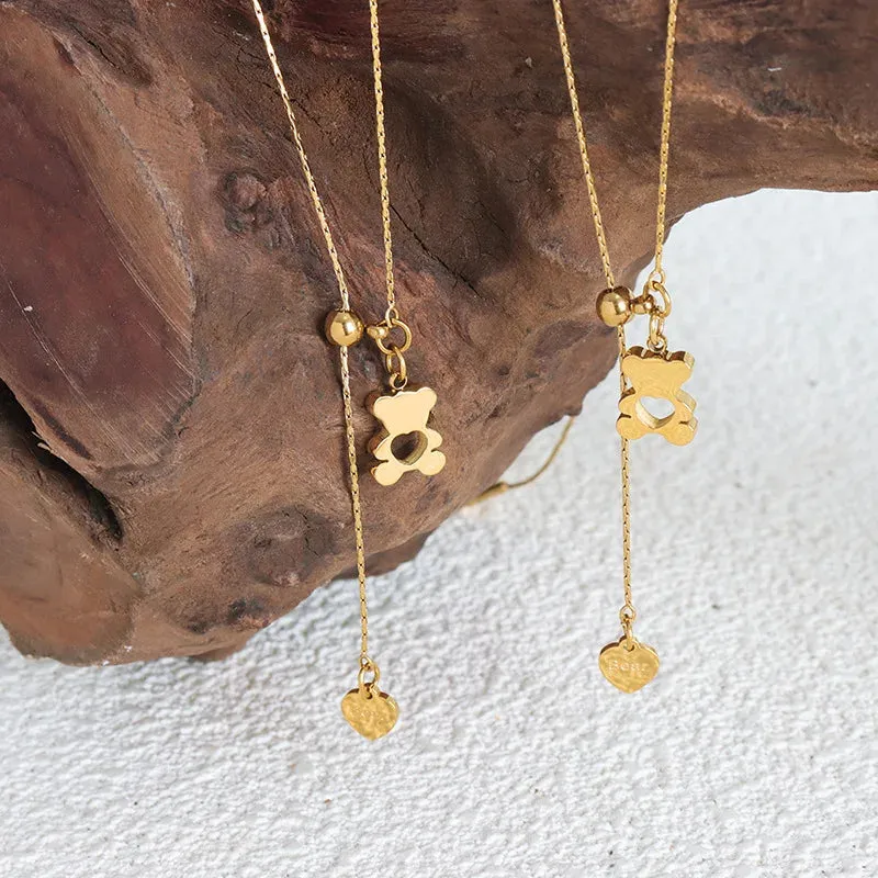 Hollow Bear Pendant Adjustable Necklace For Women 316L Stainless Steel Gold Plated Waterproof Girls Neck Chain