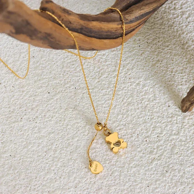 Hollow Bear Pendant Adjustable Necklace For Women 316L Stainless Steel Gold Plated Waterproof Girls Neck Chain