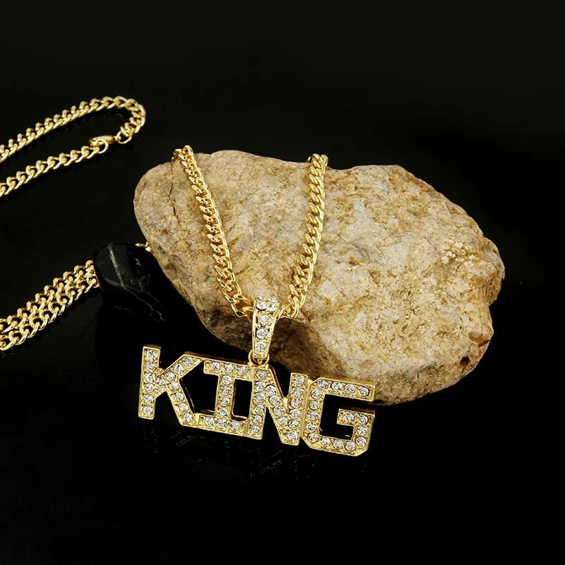 Men Hip Hop Full Rhinestone King Shape Necklaces