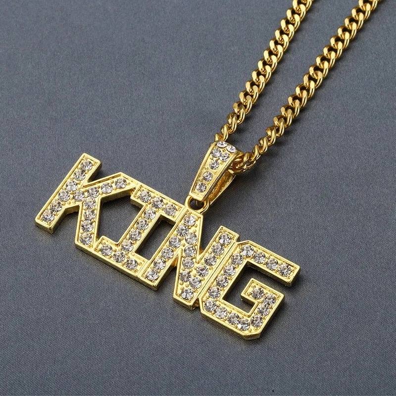 Men Hip Hop Full Rhinestone King Shape Necklaces