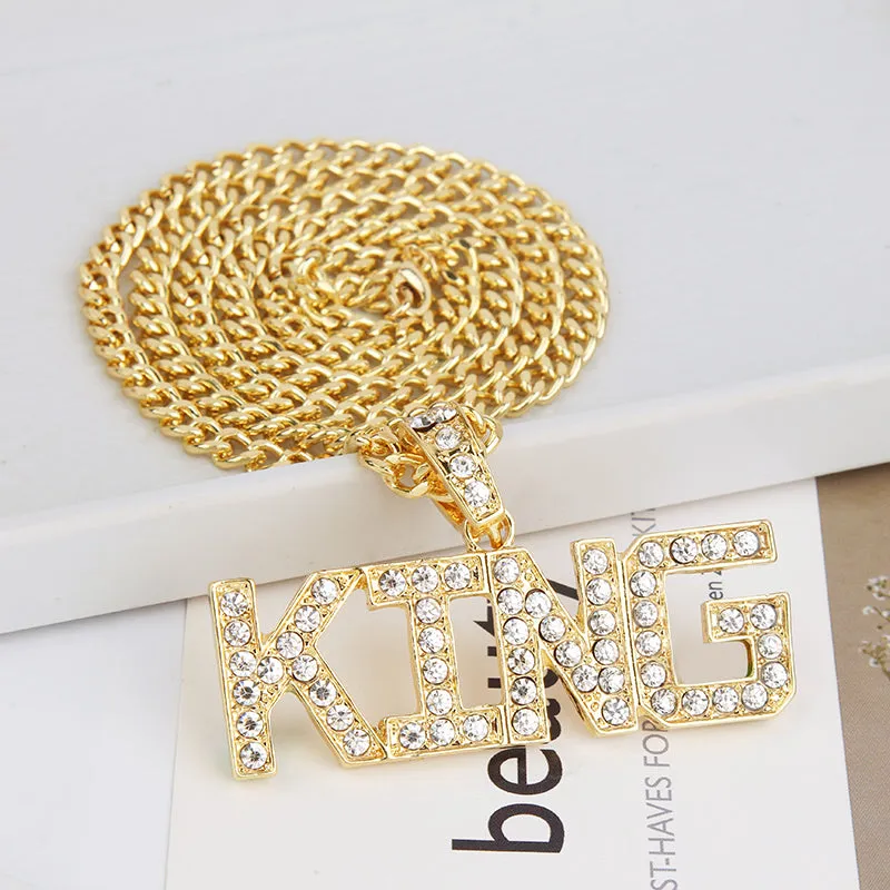 Men Hip Hop Full Rhinestone King Shape Necklaces