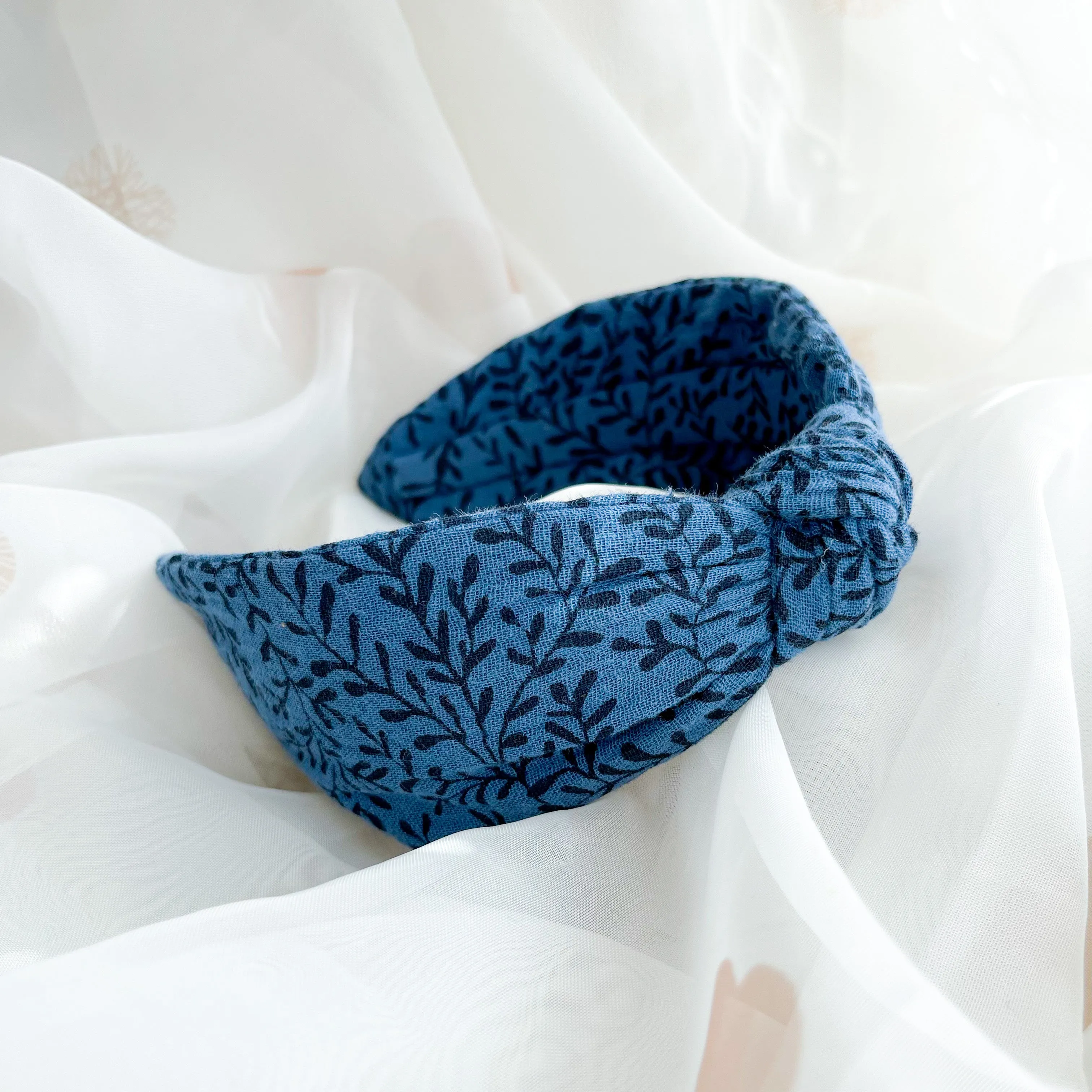 Navy Blue Floral Muslin Knot Headband