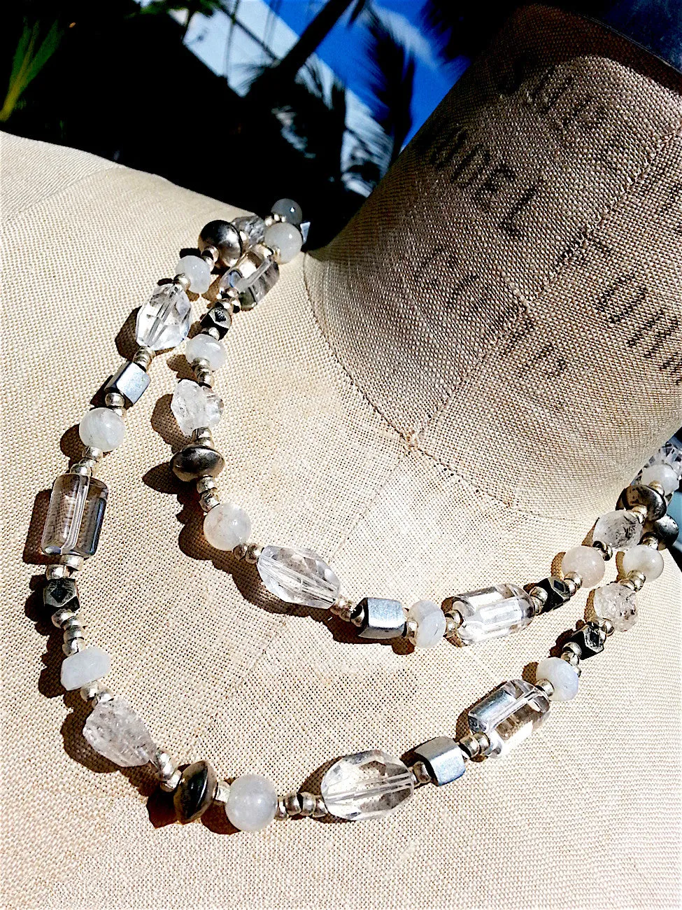 Necklace Faceted Quartz Crystal Moonstone And Sterling Silver