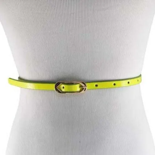 Neon Yellow Skinny Belt with Brass Oblong Buckle- Imitation Leather