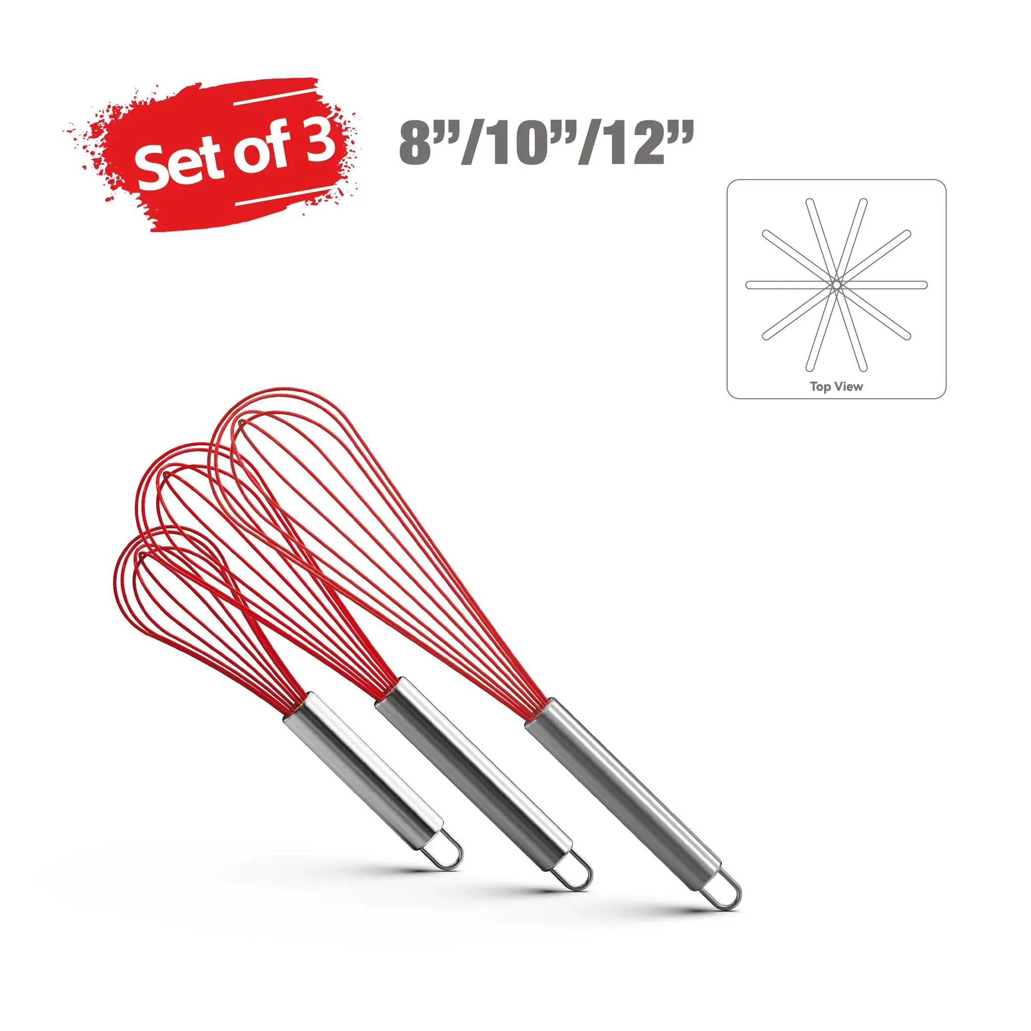 Premium Stainless Steel Balloon Whisk – Non-Stick Wire Whisk for Baking and Cooking (8", 10", 12")