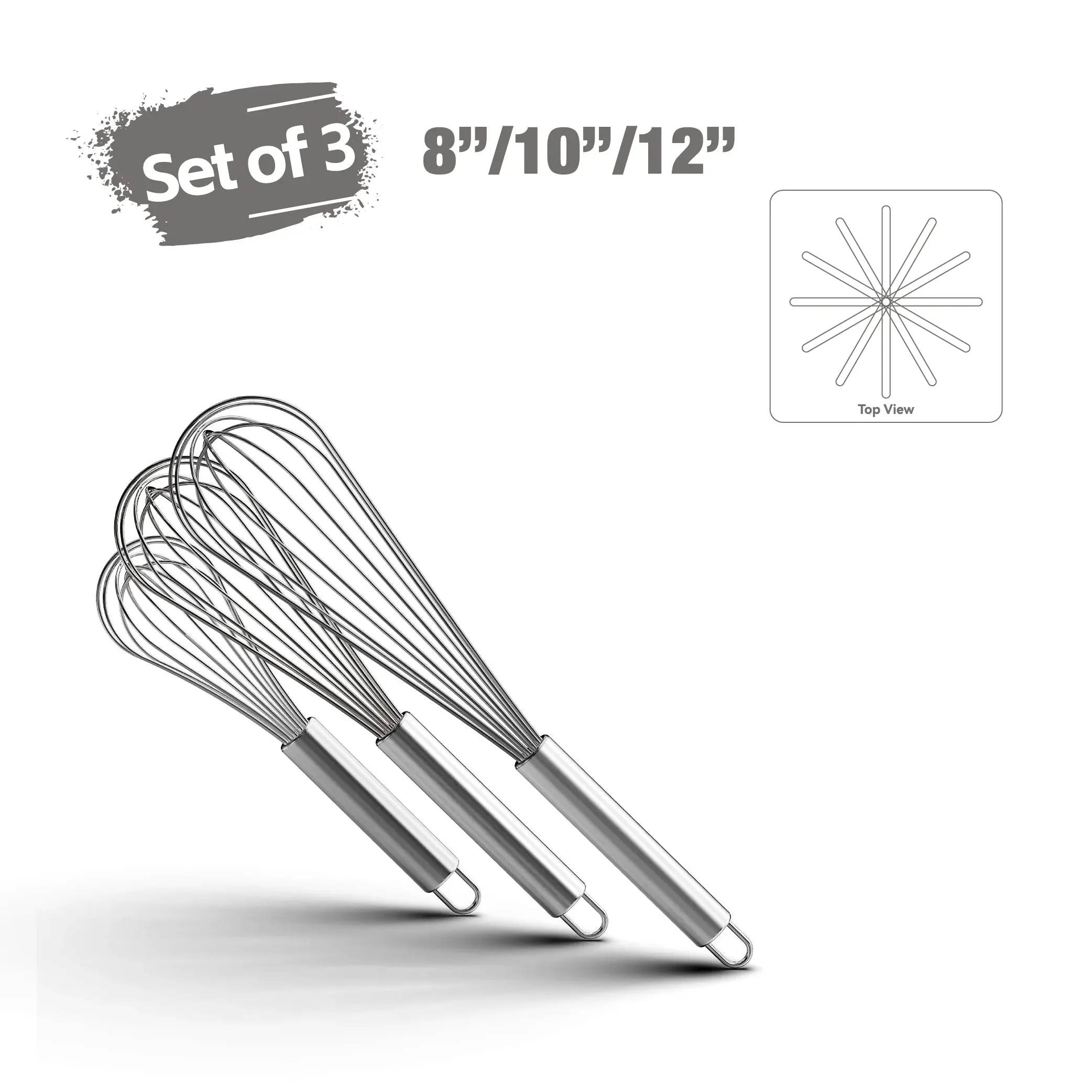 Premium Stainless Steel Balloon Whisk – Non-Stick Wire Whisk for Baking and Cooking (8", 10", 12")
