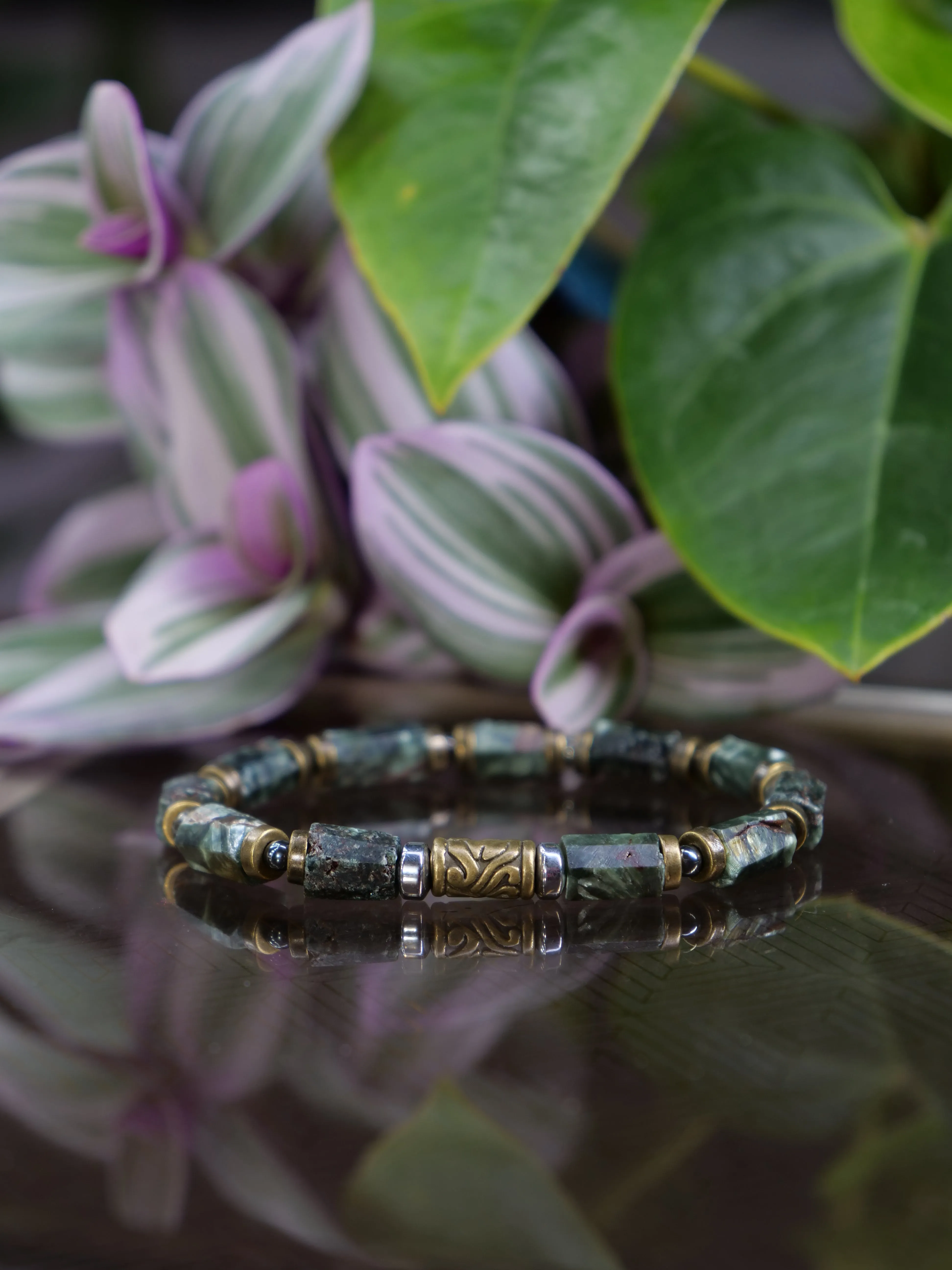 Seraphinite Raw Nugget Hematite Beaded Natural Gemstone Elastic Bracelet, Genuine Top Grade Gift Jewelry, Men Women Fashion Jewellery