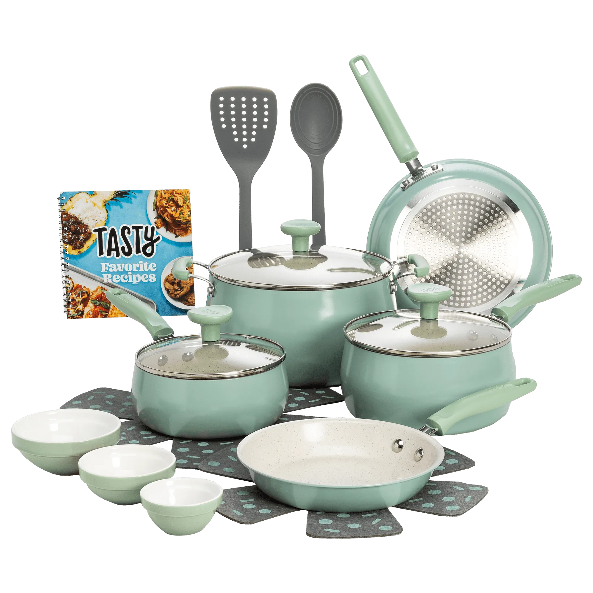 Tasty Clean Ceramic 16 Piece Non-Stick Aluminum Cookware Set, Slate Blue