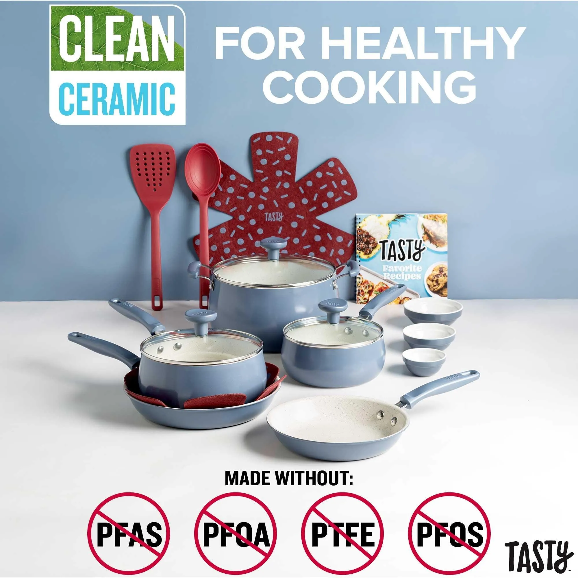 Tasty Clean Ceramic 16 Piece Non-Stick Aluminum Cookware Set, Slate Blue