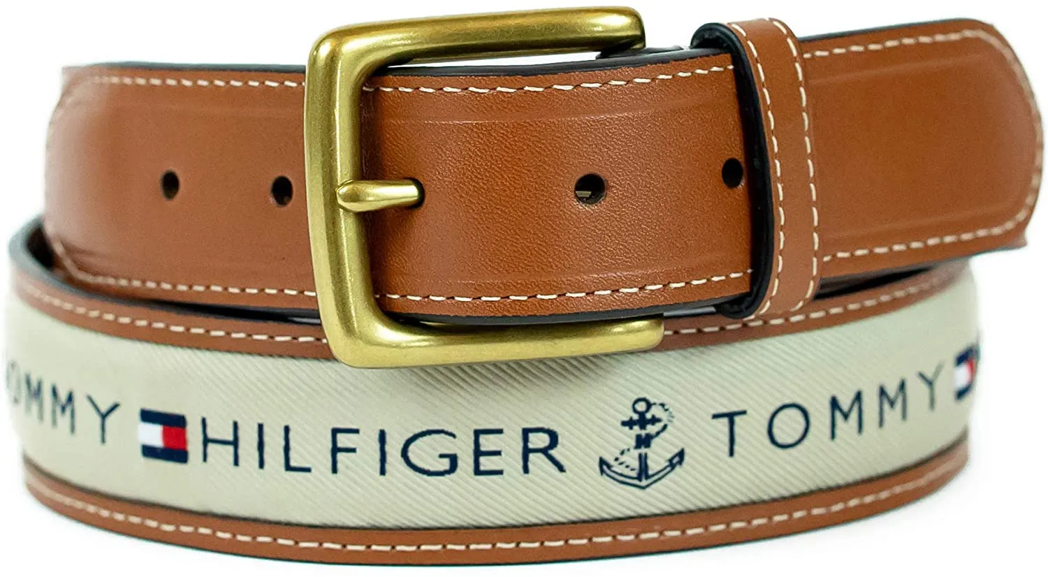 Tommy Hilfiger Men's Ribbon Inlay Fabric Belt with Single Prong Buckle