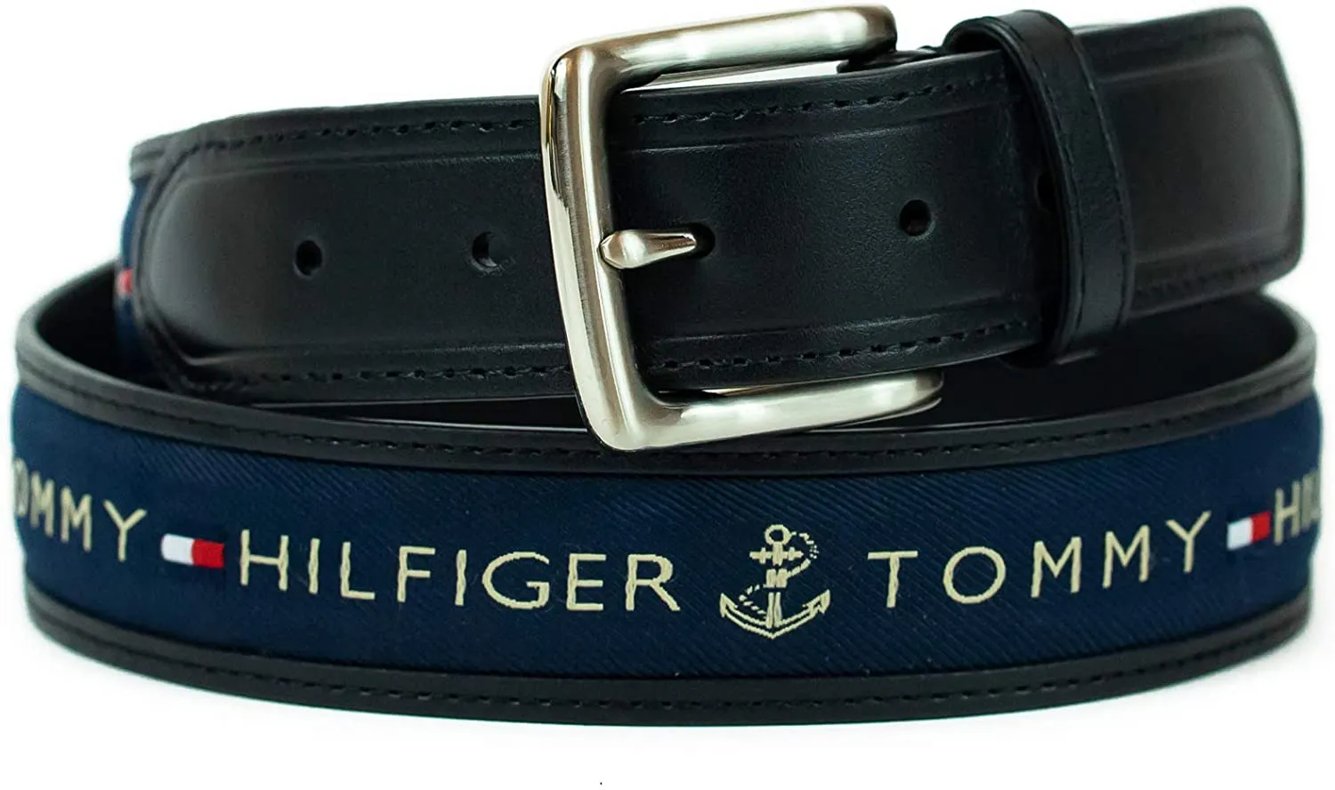 Tommy Hilfiger Men's Ribbon Inlay Fabric Belt with Single Prong Buckle