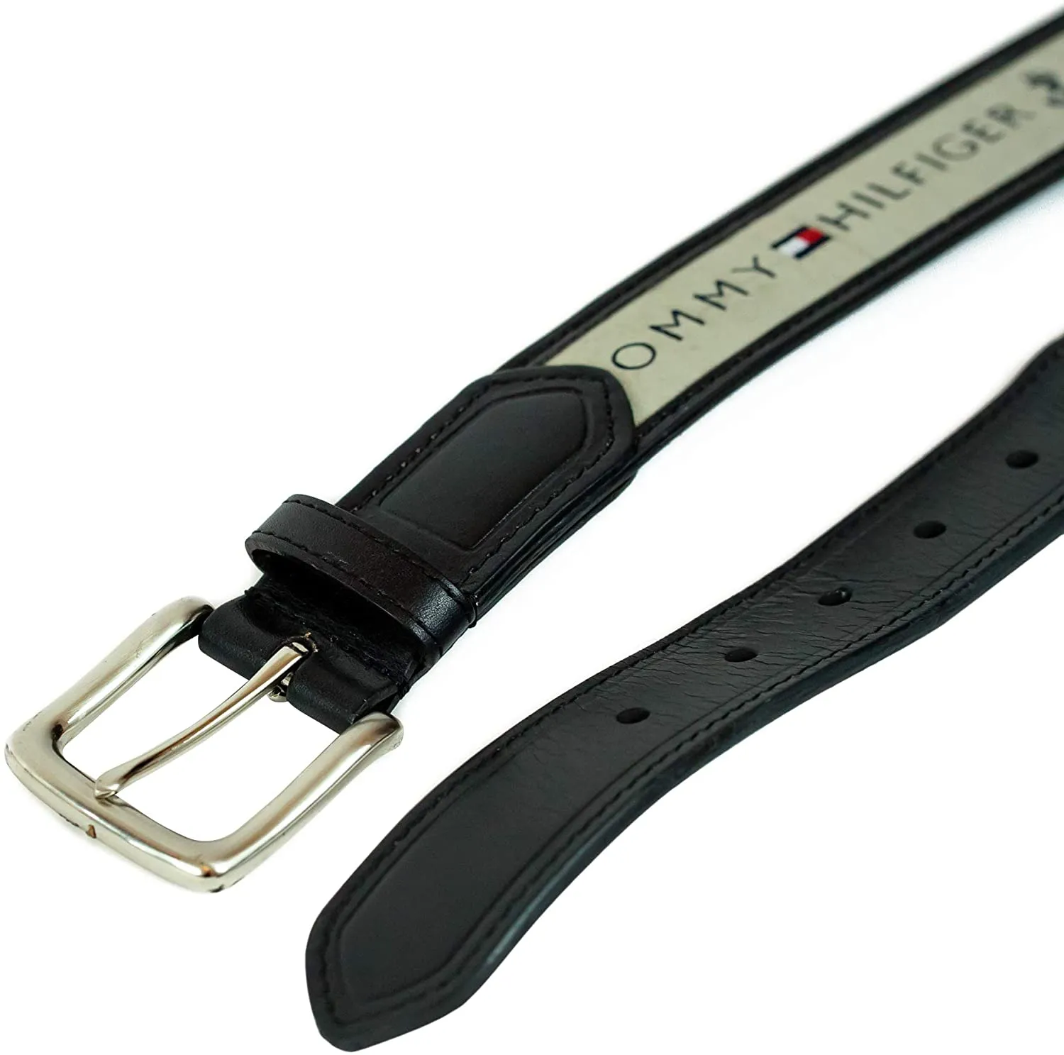 Tommy Hilfiger Men's Ribbon Inlay Fabric Belt with Single Prong Buckle