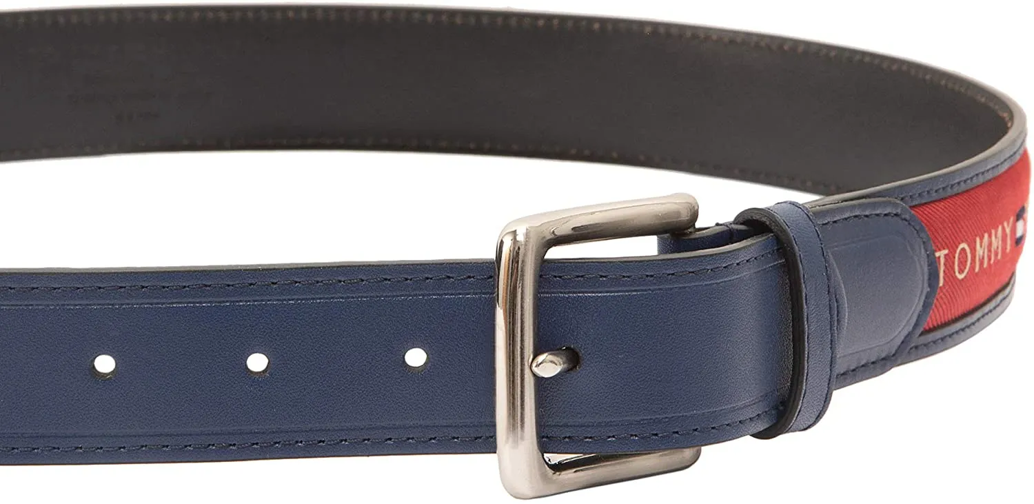 Tommy Hilfiger Men's Ribbon Inlay Fabric Belt with Single Prong Buckle