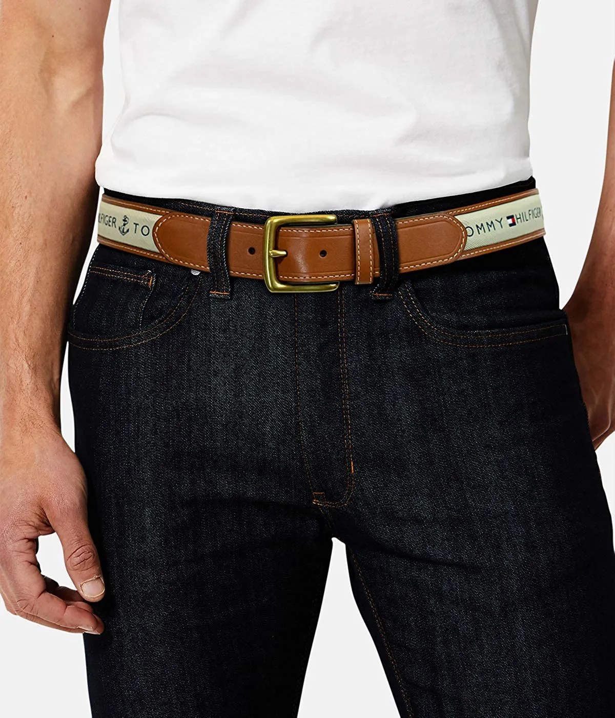 Tommy Hilfiger Men's Ribbon Inlay Fabric Belt with Single Prong Buckle