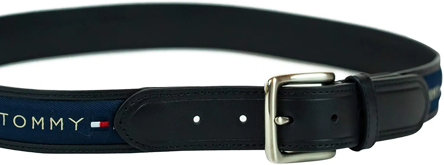 Tommy Hilfiger Men's Ribbon Inlay Fabric Belt with Single Prong Buckle