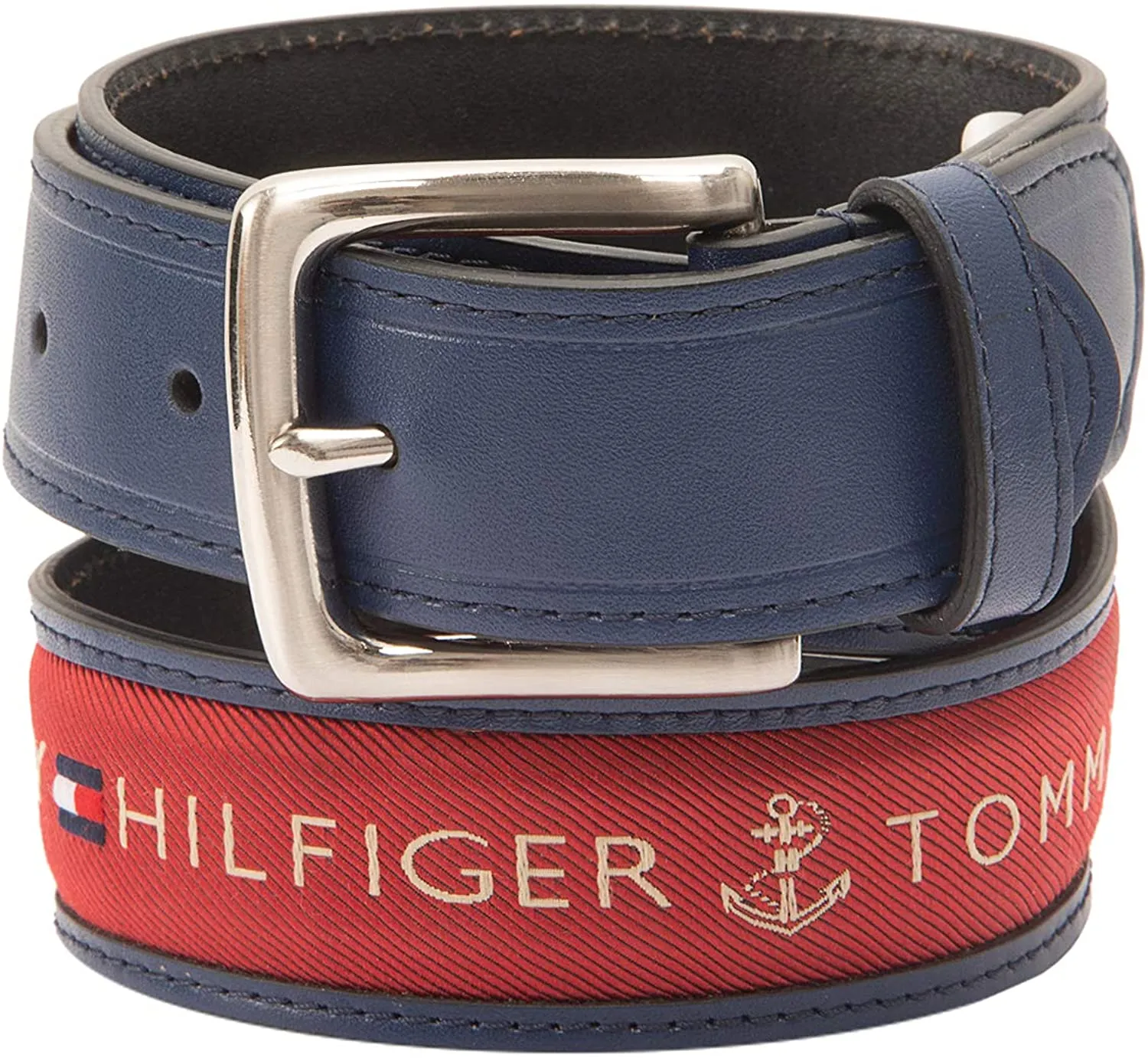 Tommy Hilfiger Men's Ribbon Inlay Fabric Belt with Single Prong Buckle