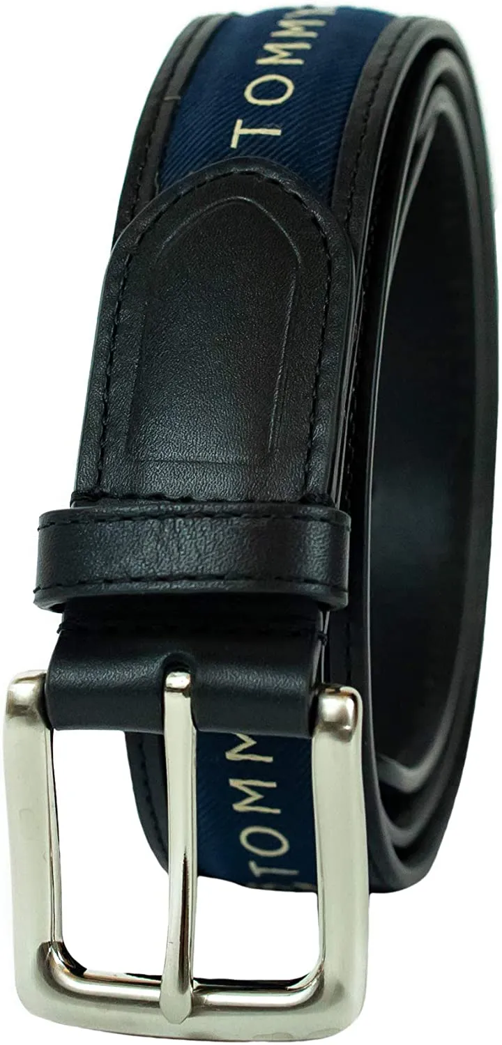 Tommy Hilfiger Men's Ribbon Inlay Fabric Belt with Single Prong Buckle