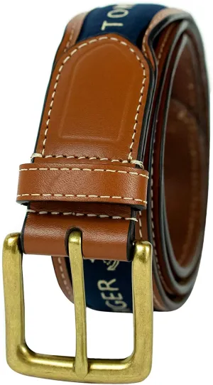Tommy Hilfiger Men's Ribbon Inlay Fabric Belt with Single Prong Buckle
