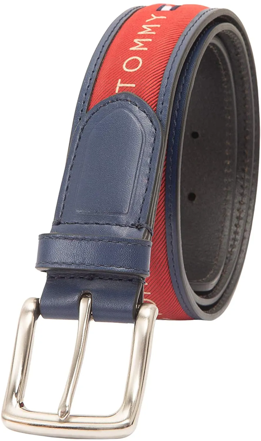 Tommy Hilfiger Men's Ribbon Inlay Fabric Belt with Single Prong Buckle