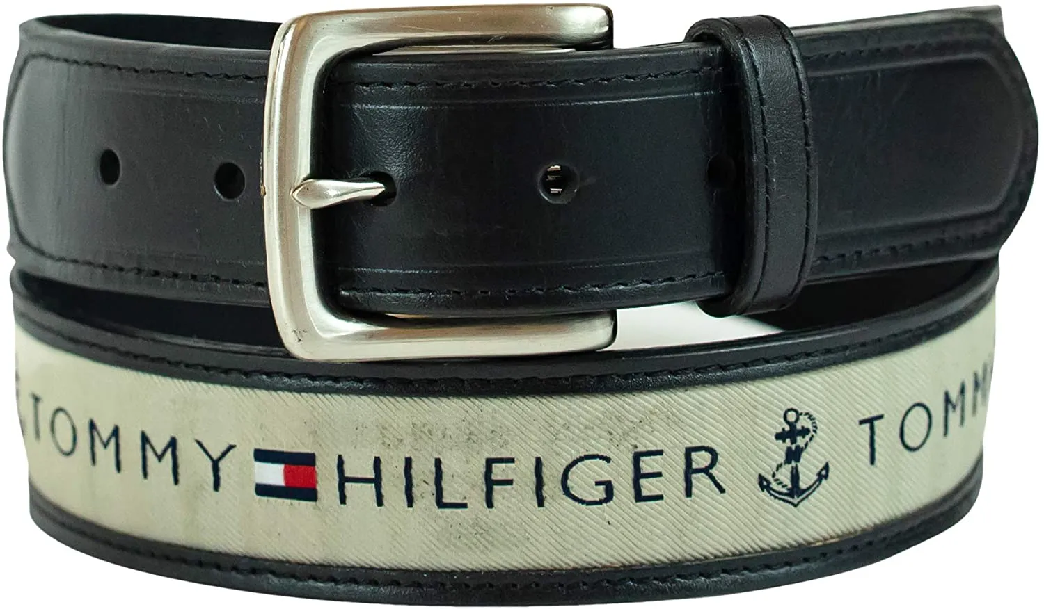 Tommy Hilfiger Men's Ribbon Inlay Fabric Belt with Single Prong Buckle