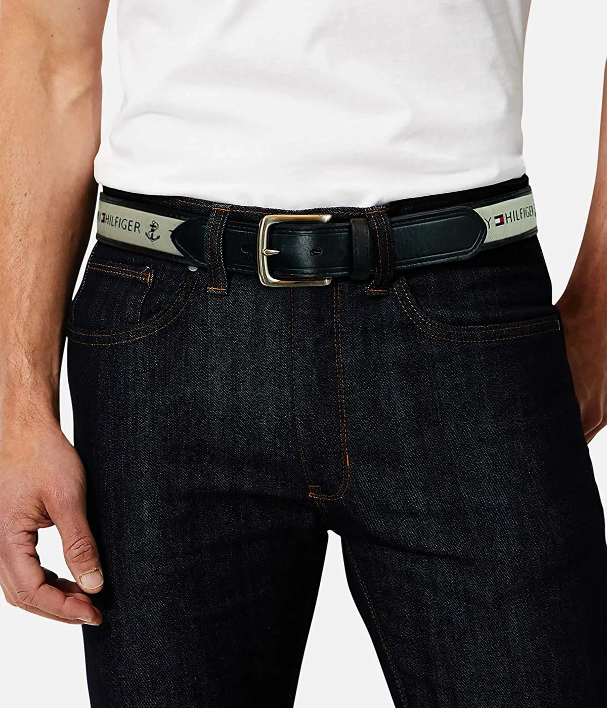 Tommy Hilfiger Men's Ribbon Inlay Fabric Belt with Single Prong Buckle