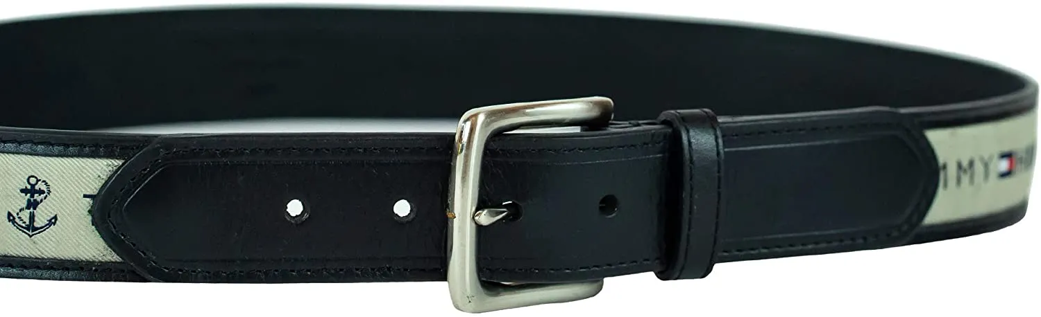 Tommy Hilfiger Men's Ribbon Inlay Fabric Belt with Single Prong Buckle