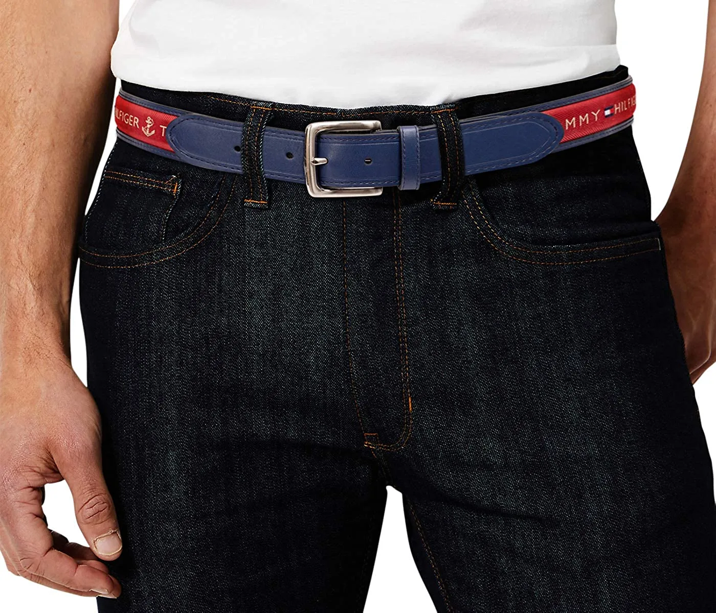 Tommy Hilfiger Men's Ribbon Inlay Fabric Belt with Single Prong Buckle