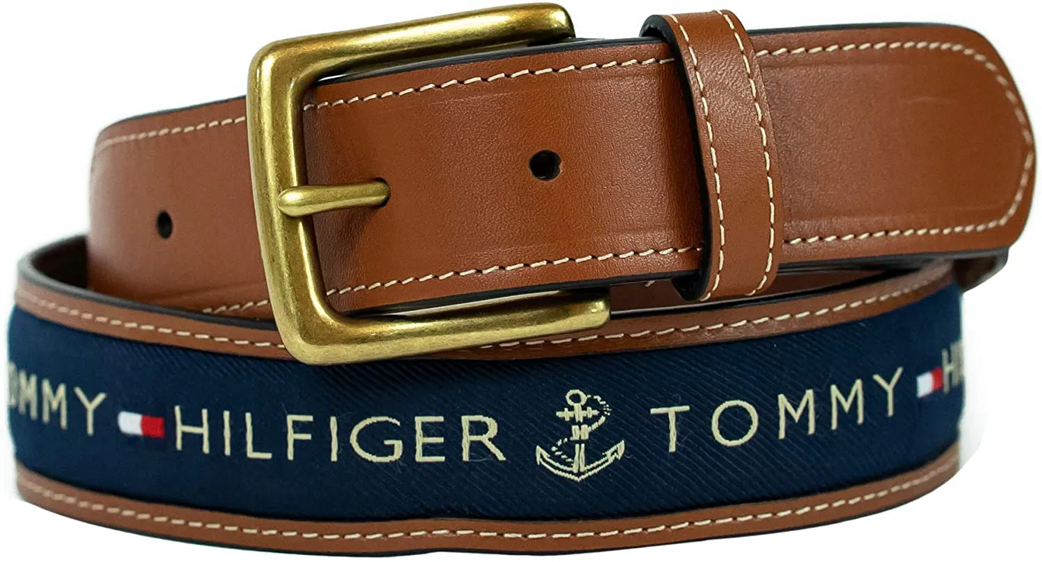 Tommy Hilfiger Men's Ribbon Inlay Fabric Belt with Single Prong Buckle