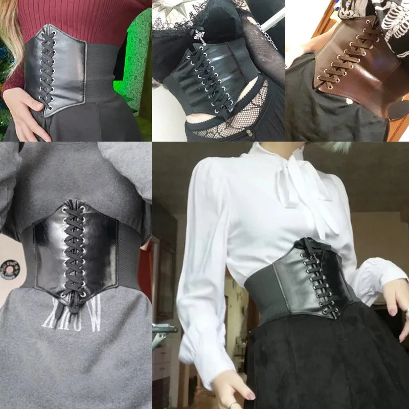 Wide Genuine Leather Elastic Body Shaper Lace-Up Corset Belts