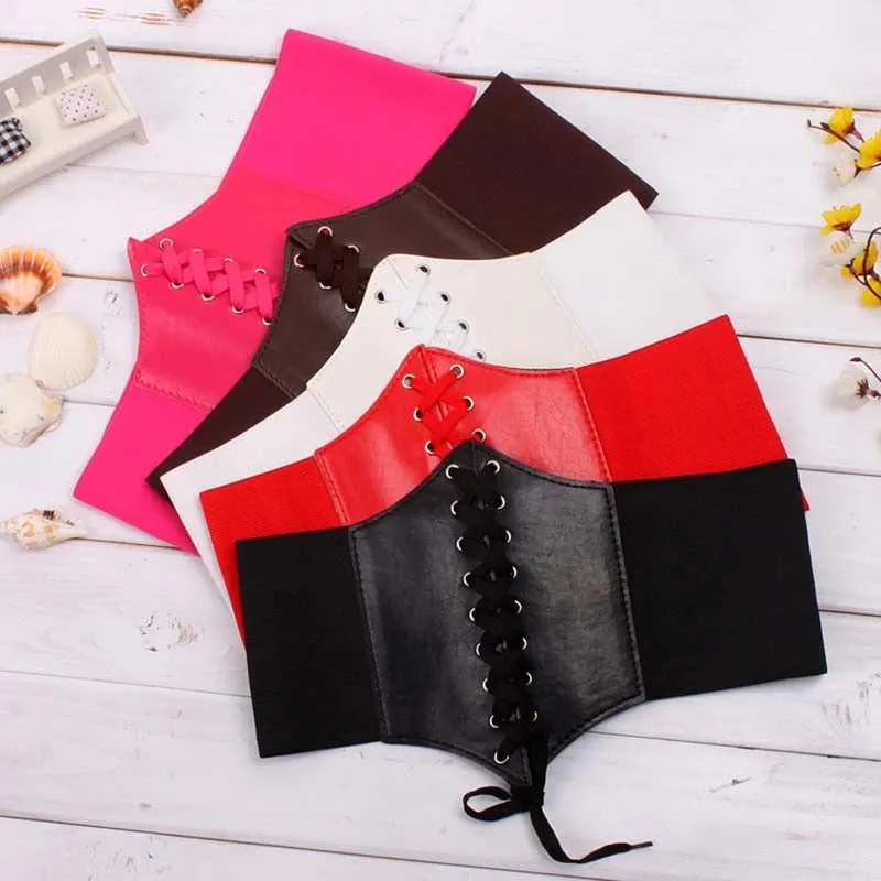 Wide Genuine Leather Elastic Body Shaper Lace-Up Corset Belts