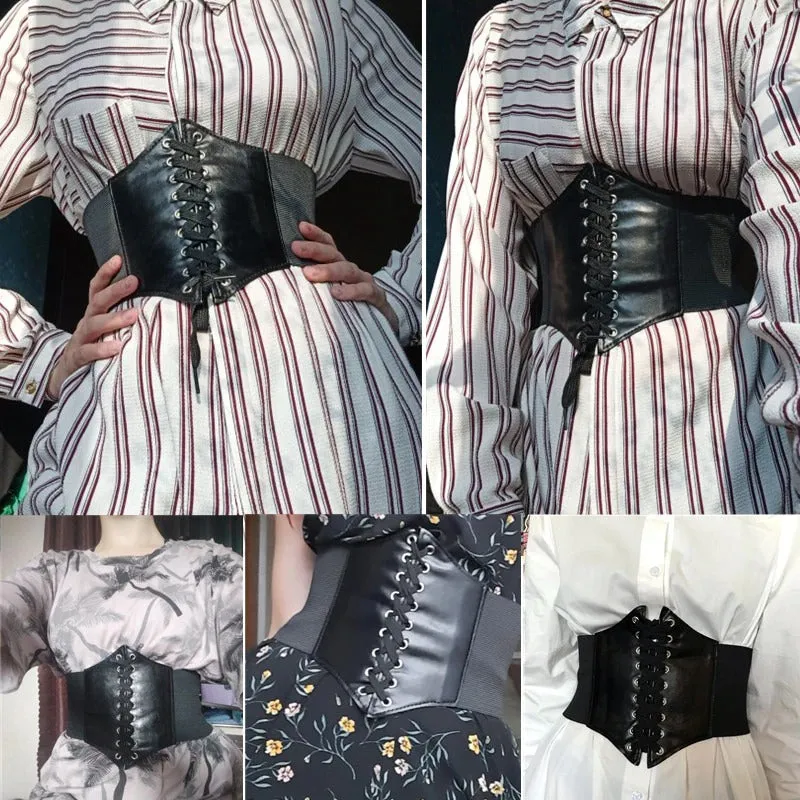 Wide Genuine Leather Elastic Body Shaper Lace-Up Corset Belts